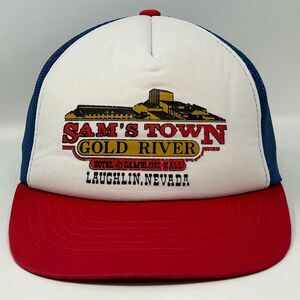 Vintage 80s Sams Town Casino Laughlin Trucker Hat Baseball Cap Blue Red Snapback